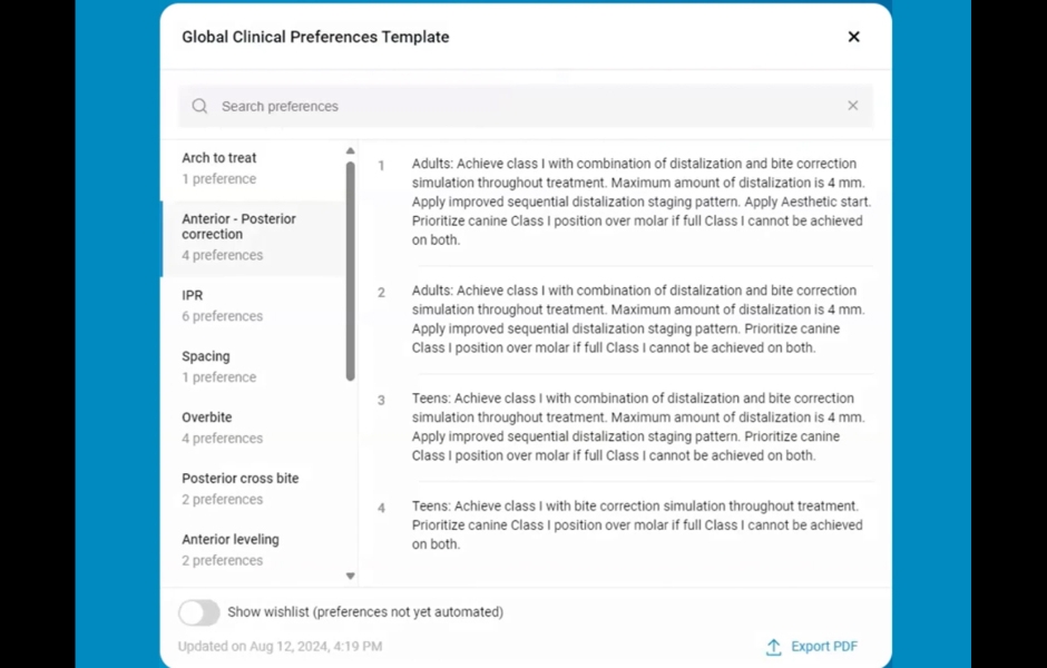 Obr. 1: Jakákoli vybraná šablona Preference Template umožňuje lékařům uplatňovat konzistentní léčebné standardy napříč různými případy a pracovišti.
