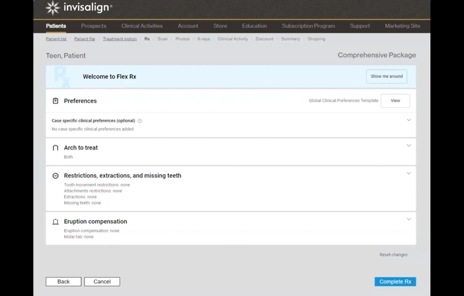 Obr. 2: Formulář předpisu Flex Rx zjednodušuje odesílání případů a usnadňuje komunikaci mezi zubními lékaři a digitálními plánovači léčby.
